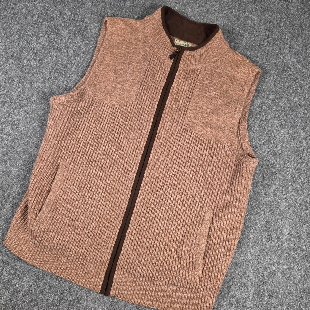 L.L. Bean Waterfowl Sweater Vest Mens L Brown Merino Lambswool Full Zip 245457